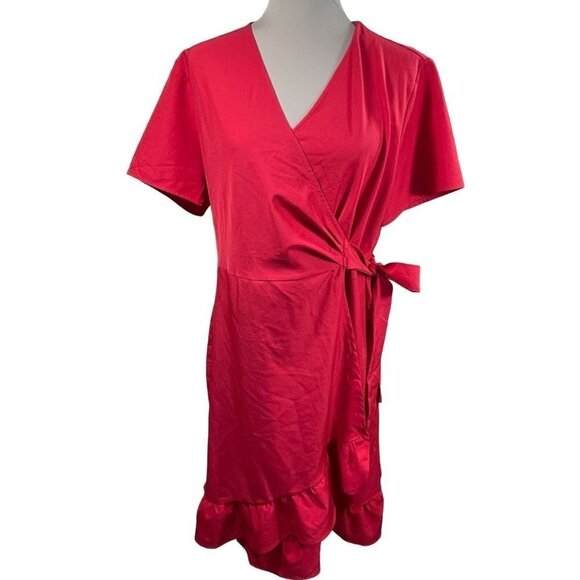 Kate Kasin Wrap Dress Short Sleeve V-Neck Ruffle Red Size XL Extra Large - Picture 1 of 6